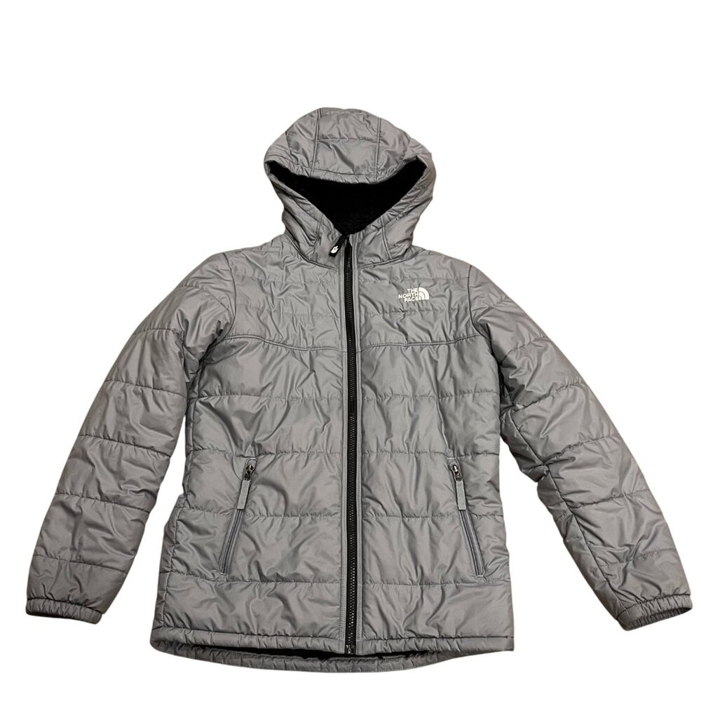 North Face Boys Reversible Shasta Full Zip Hooded Jacket, Gray Black, L 14-16